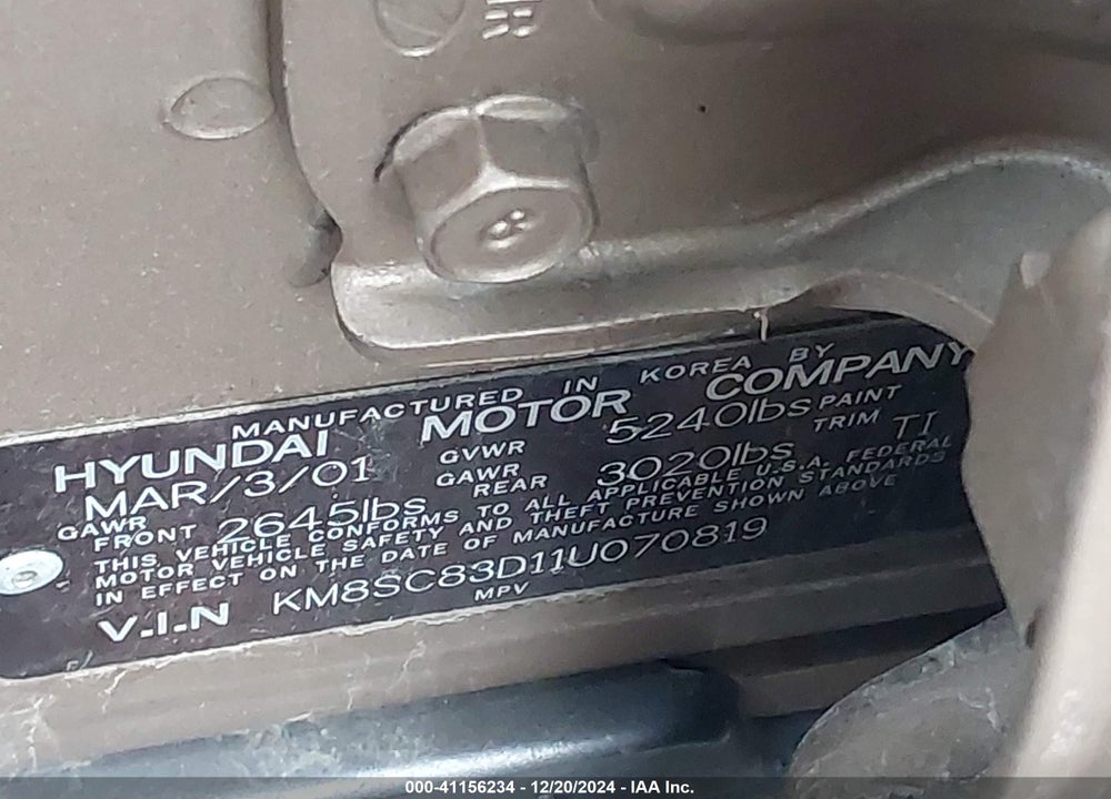 2001 HYUNDAI SANTA FE 2.7L V6 GLS/2.7L V6 LX VIN: KM8SC83D11U070819