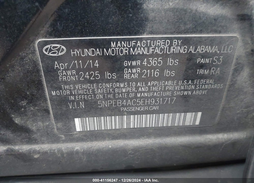 2014 HYUNDAI SONATA GLS VIN: 5NPEB4AC5EH931717