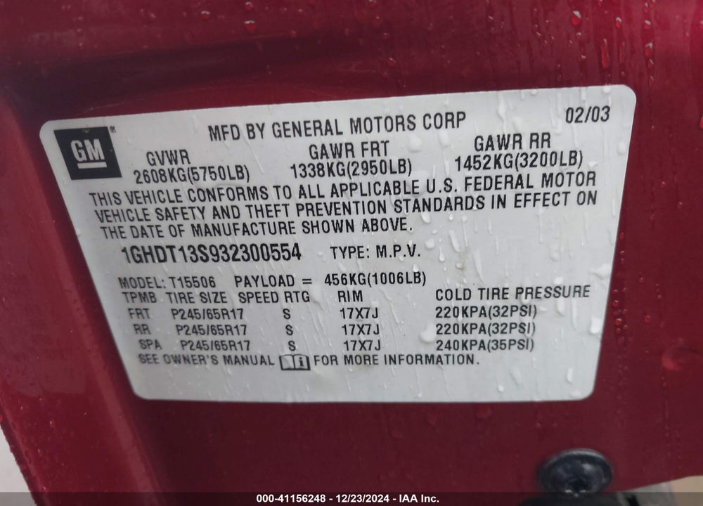 2003 OLDSMOBILE BRAVADA VIN: 1GHDT13S932300554