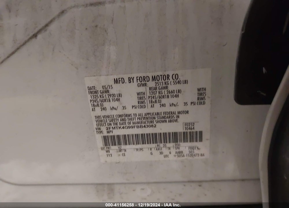 2015 FORD EDGE SE VIN: 2FMTK4G99FBB43082