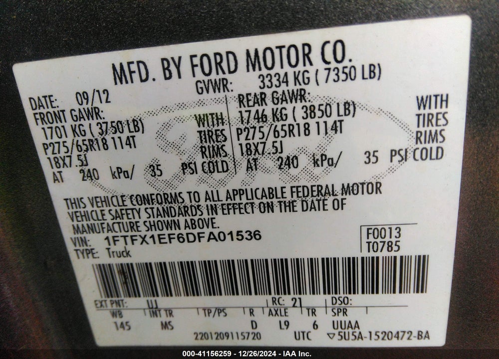 2013 FORD F-150 XLT VIN: 1FTFX1EF6DFA01536