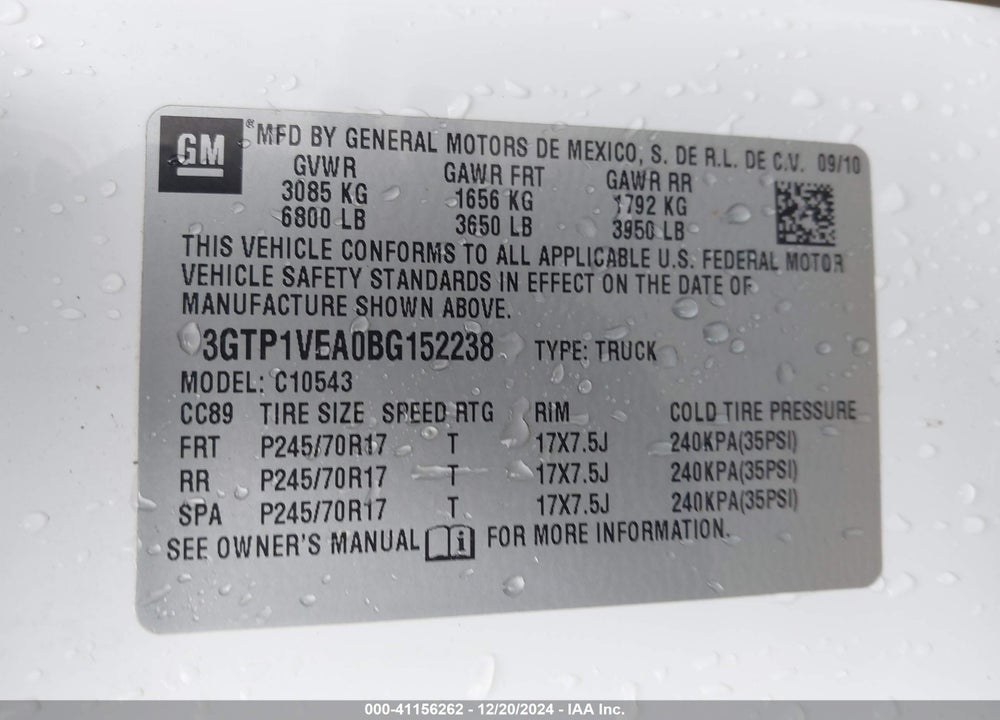 2011 GMC SIERRA VIN: 3GTP1VEA0BG152238