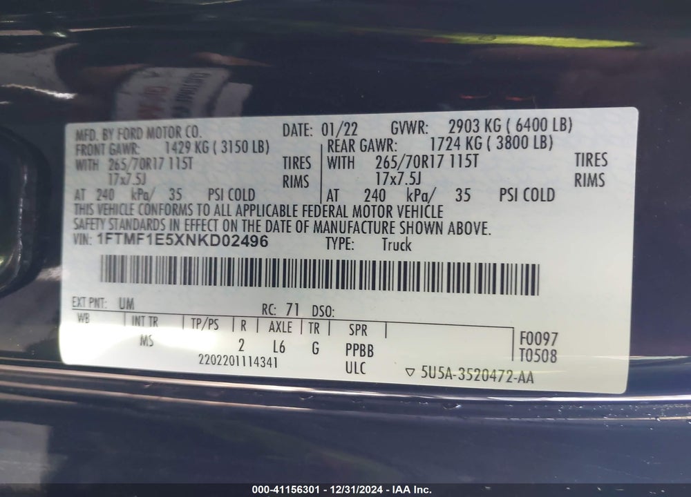 2022 FORD F-150 XLT VIN: 1FTMF1E5XNKD02496