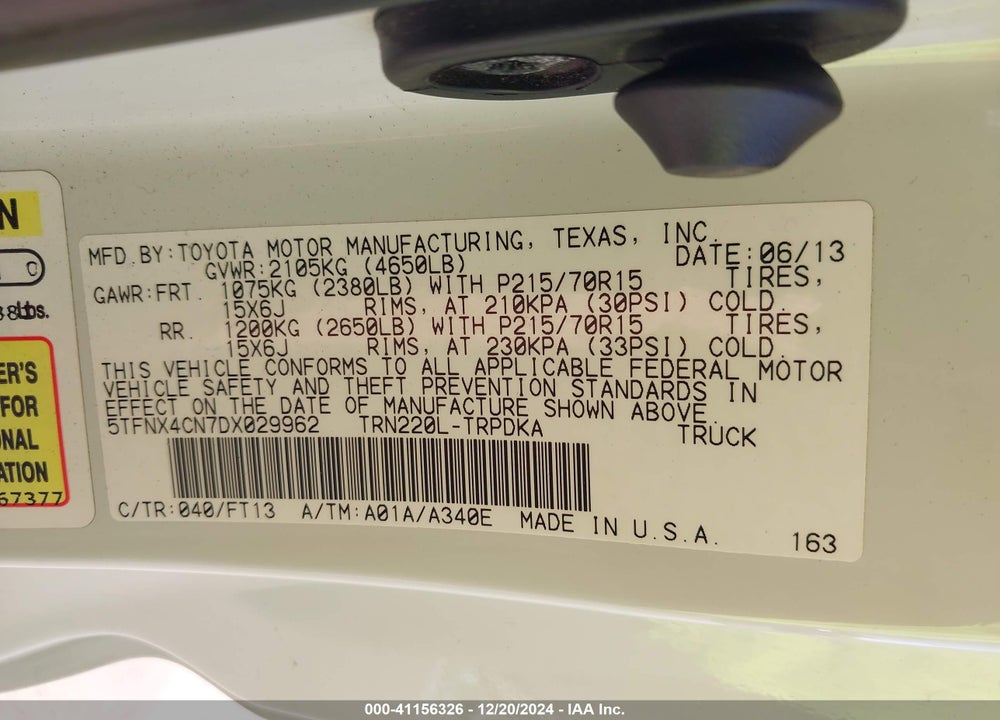 2013 TOYOTA TACOMA VIN: 5TFNX4CN7DX029962