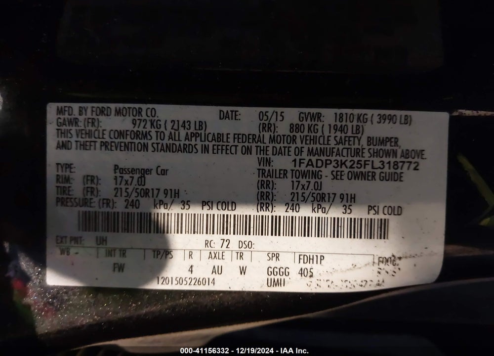 2015 FORD FOCUS SE VIN: 1FADP3K25FL318772