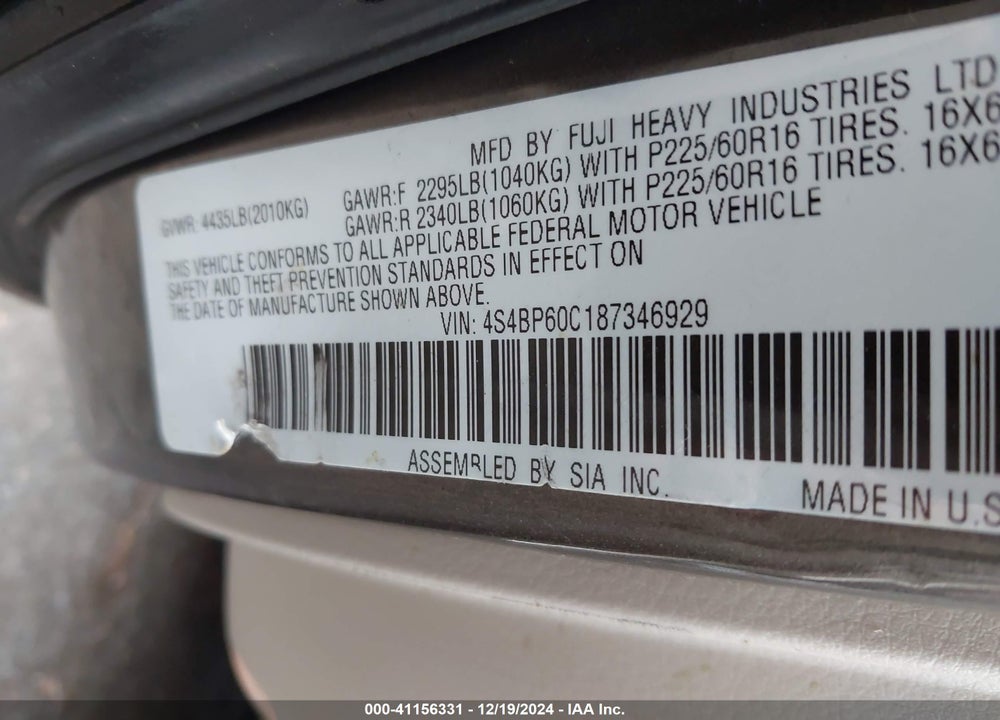2008 SUBARU OUTBACK VIN: 4S4BP60C187346929