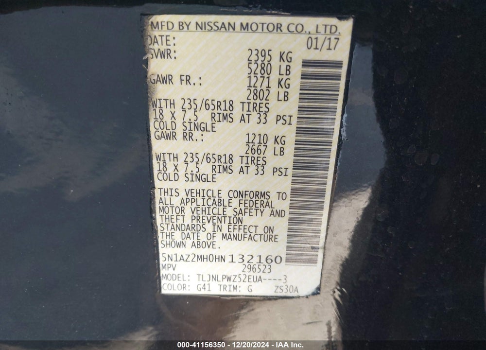 2017 NISSAN MURANO S VIN: 5N1AZ2MH0HN132160