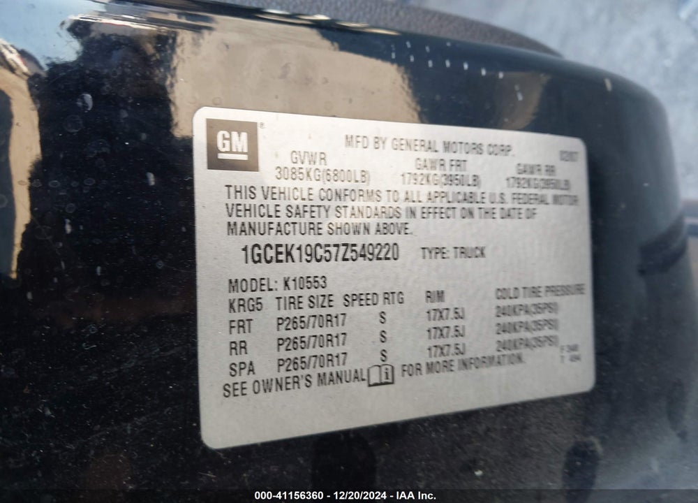 2007 CHEVROLET SILVERADO 1500 LT1 VIN: 1GCEK19C57Z549220