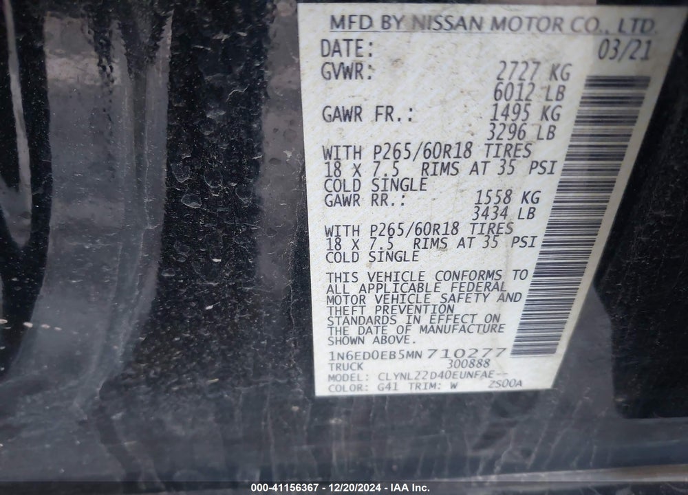 2021 NISSAN FRONTIER SV 4X4 VIN: 1N6ED0EB5MN710277