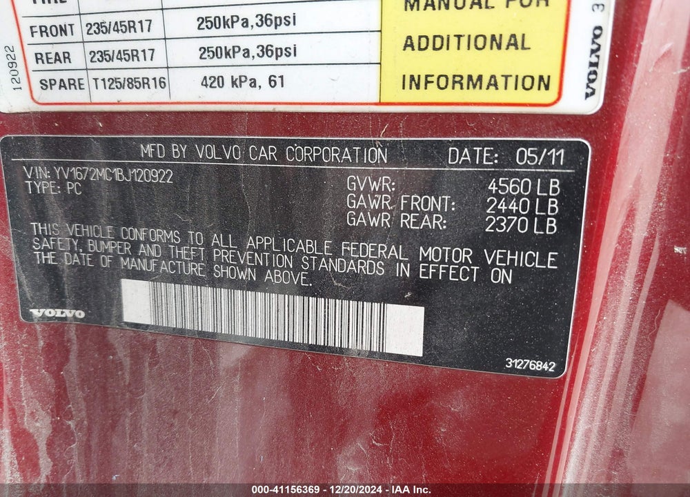 2011 VOLVO C70 VIN: YV1672MC1BJ120922