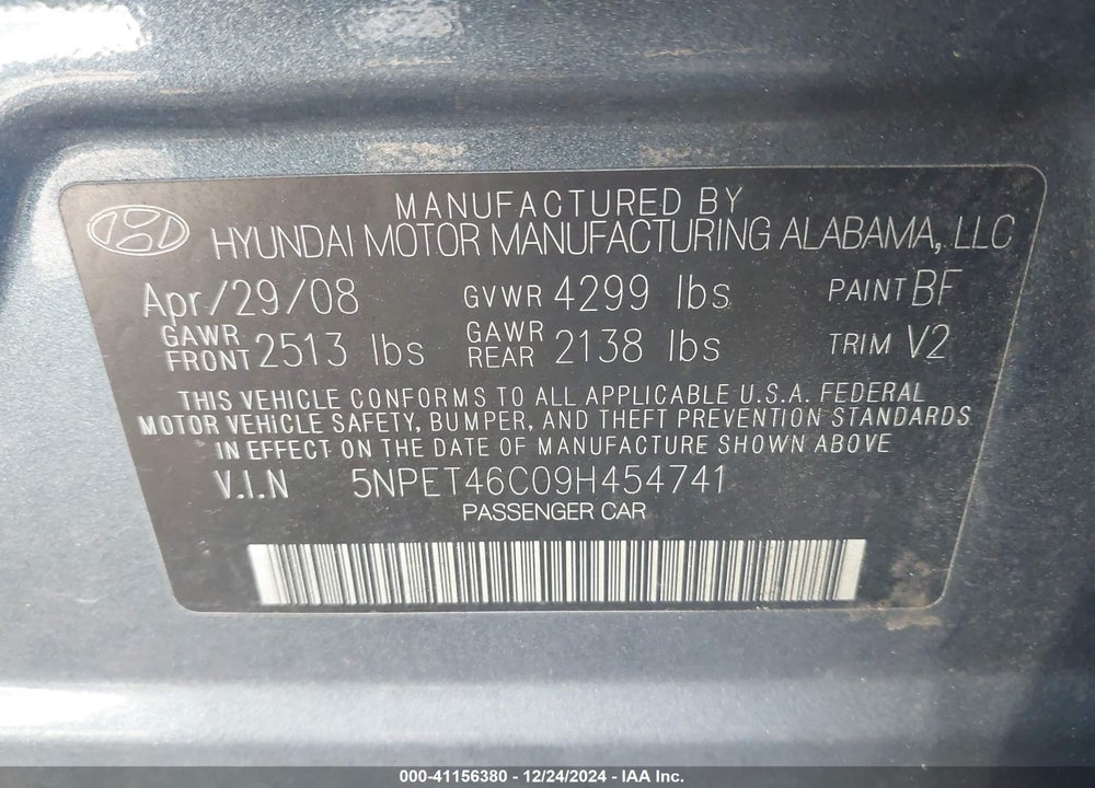 2009 HYUNDAI SONATA GLS VIN: 5NPET46C09H454741