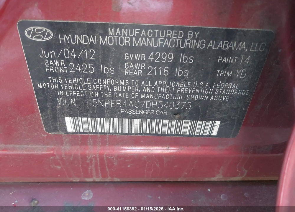 2013 HYUNDAI SONATA VIN: 5NPEB4AC7DH540373