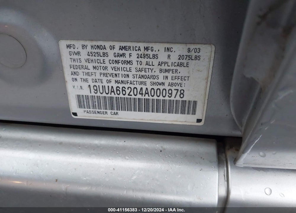 2004 ACURA TL VIN: 19UUA66204A000978
