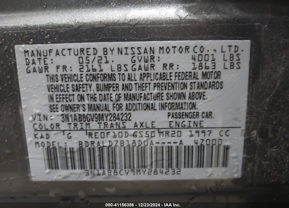 2021 NISSAN SENTRA SV XTRONIC CVT VIN: 3N1AB8CV9MY284232