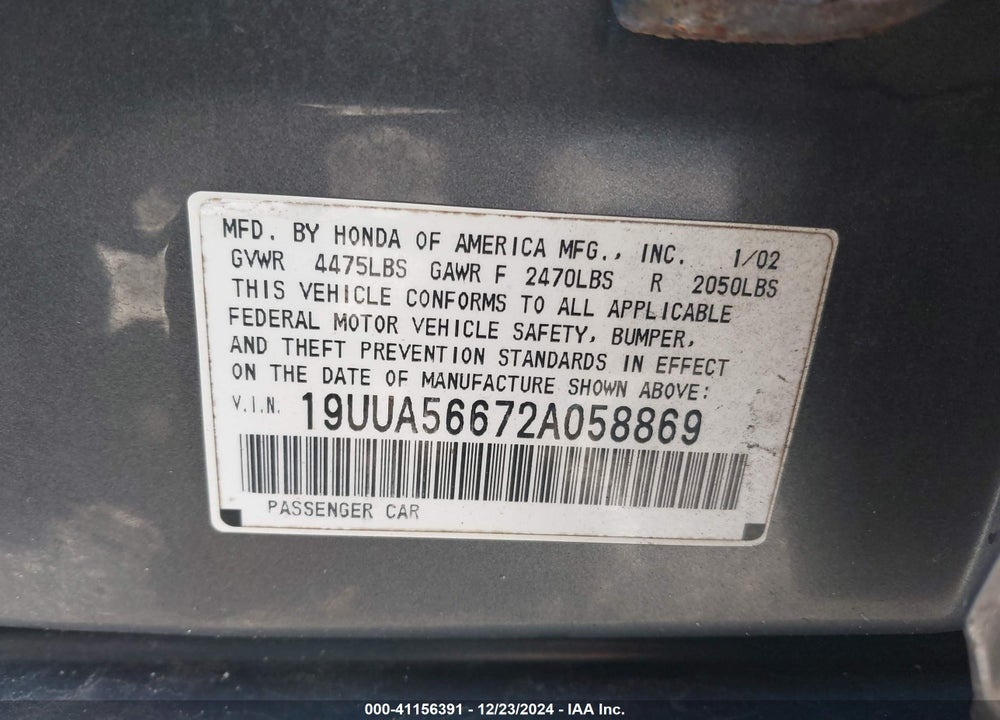 2002 ACURA TL 3.2 VIN: 19UUA56672A058869