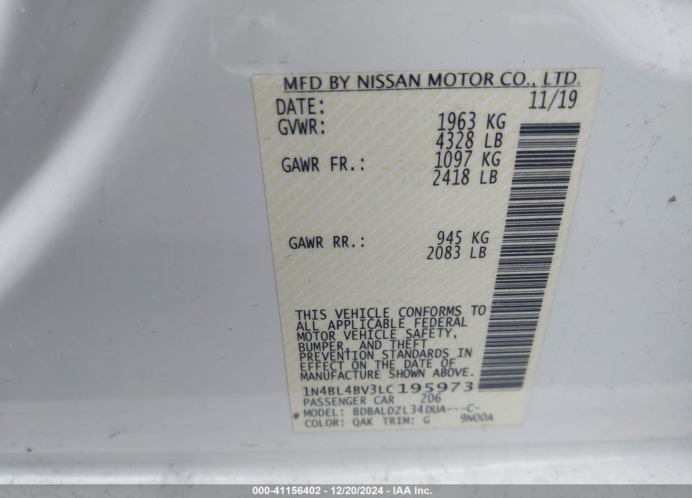2020 NISSAN ALTIMA VIN: 1N4BL4BV3LC195973
