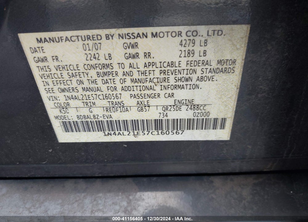 2007 NISSAN ALTIMA 2.5 S VIN: 1N4AL21E57C160567
