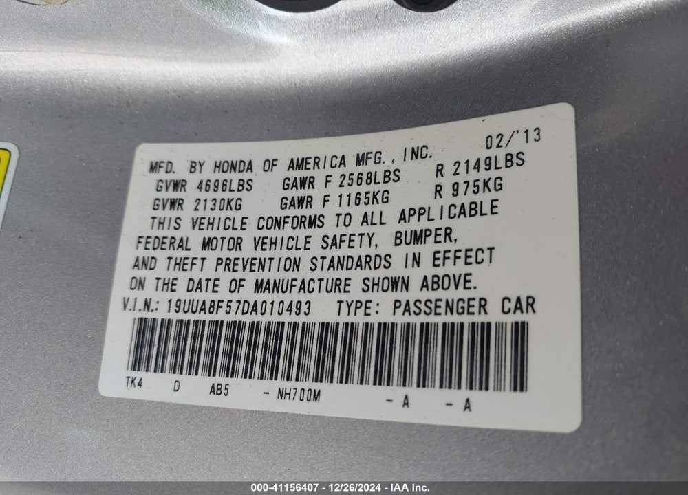 2013 ACURA TL VIN: 19UUA8F57DA010493