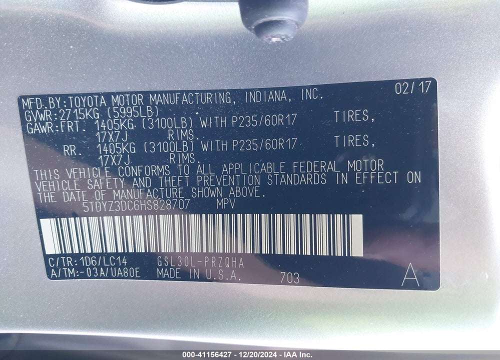 2017 TOYOTA SIENNA XLE LIMITED VIN: 5TDYZ3DC6HS828707