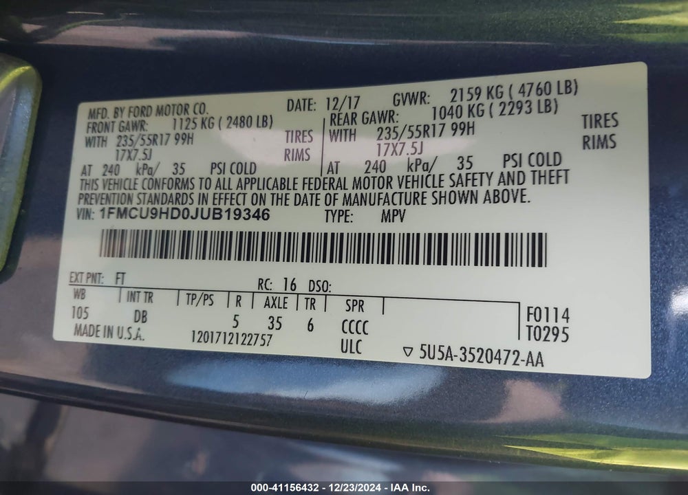 2018 FORD ESCAPE SEL VIN: 1FMCU9HD0JUB19346