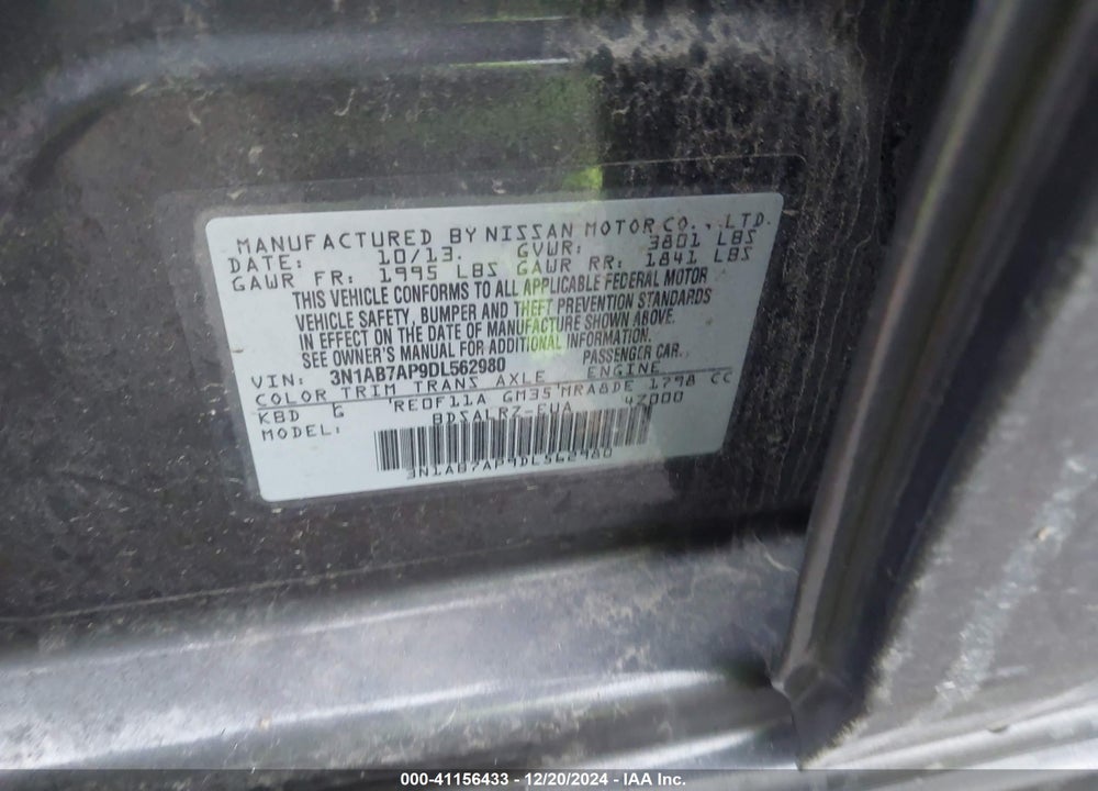 2013 NISSAN SENTRA SR VIN: 3N1AB7AP9DL562980