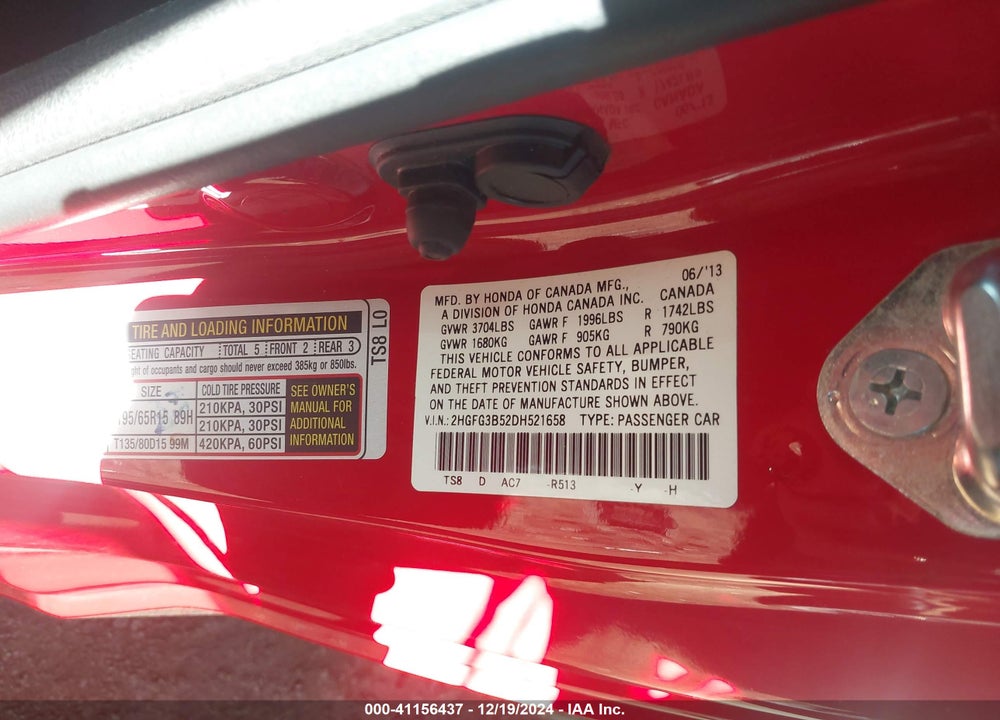 2013 HONDA CIVIC LX VIN: 2HGFG3B52DH521658
