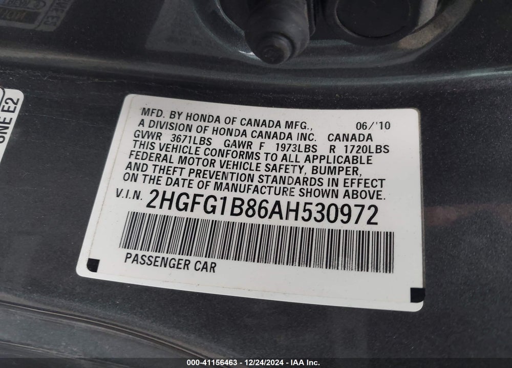 2010 HONDA CIVIC EX VIN: 2HGFG1B86AH530972