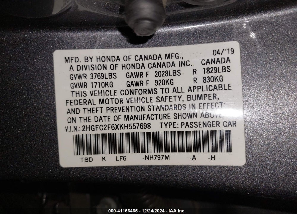2019 HONDA CIVIC LX VIN: 2HGFC2F6XKH557698