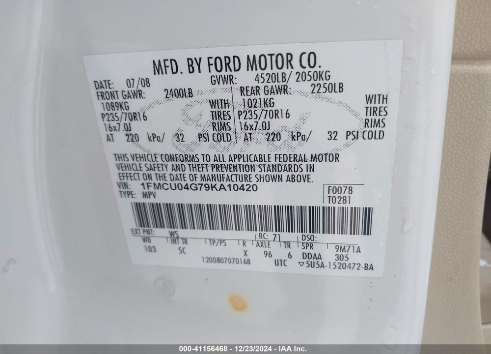 2009 FORD ESCAPE VIN: 1FMCU04G79KA10420