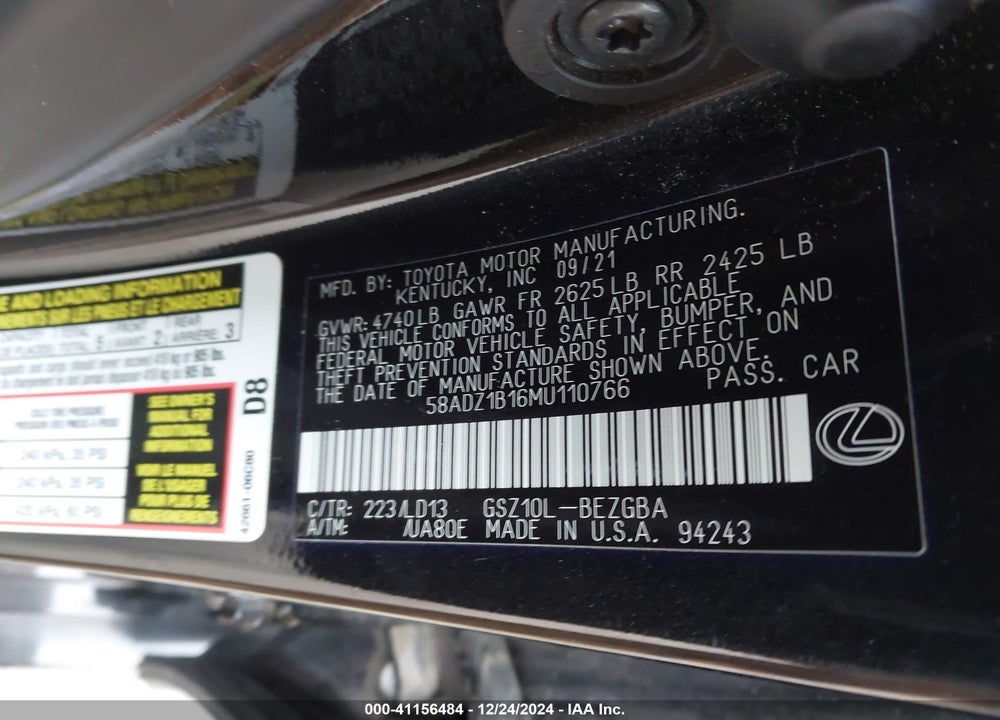 2021 LEXUS ES VIN: 58ADZ1B16MU110766