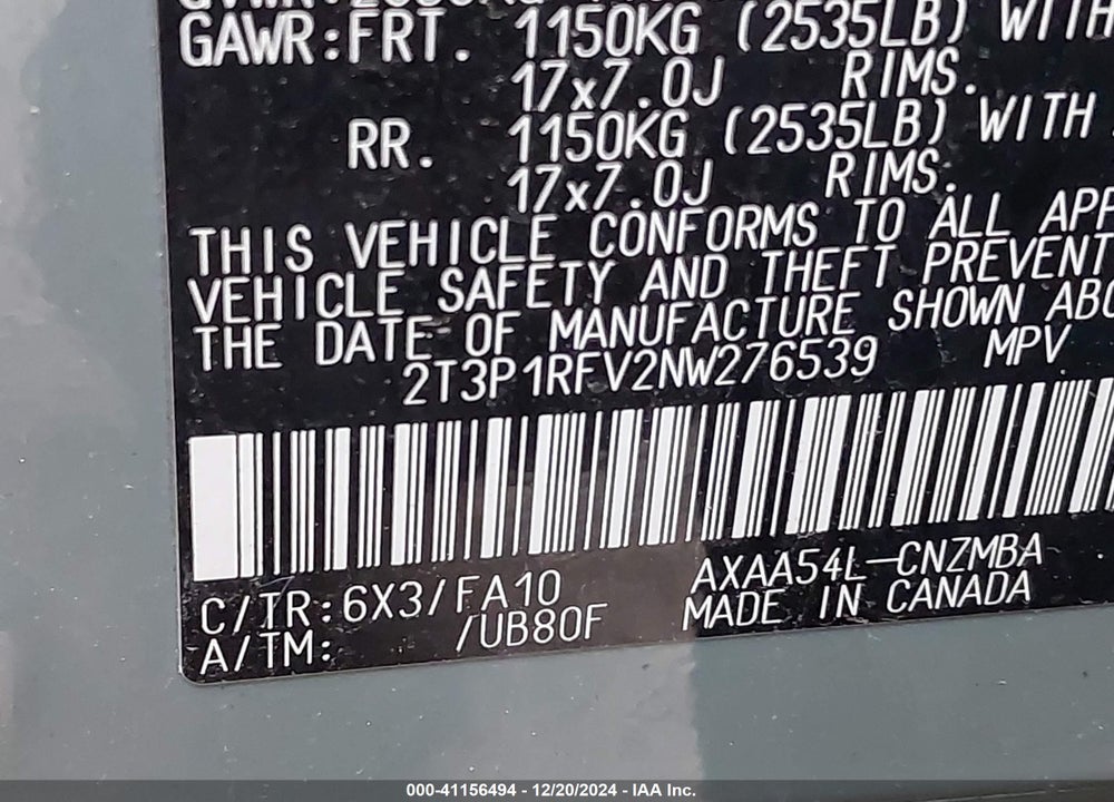2022 TOYOTA RAV4 XLE VIN: 2T3P1RFV2NW276539