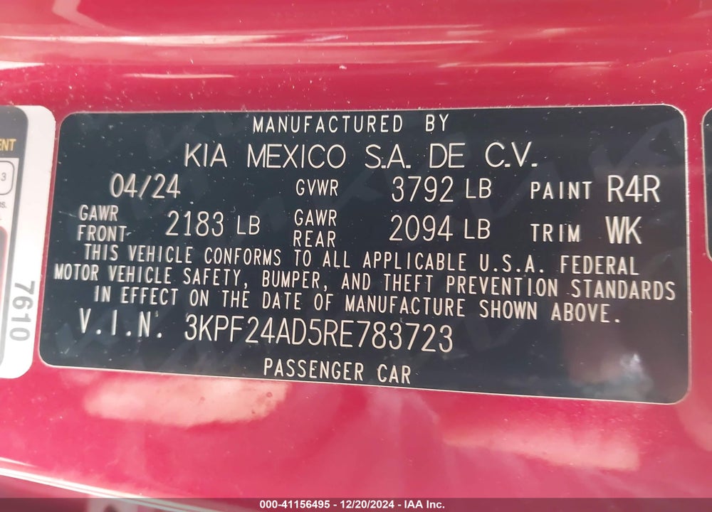 2024 KIA FORTE LXS VIN: 3KPF24AD5RE783723