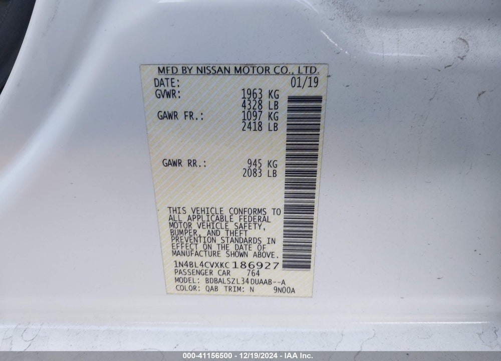 2019 NISSAN ALTIMA 2.5 SR VIN: 1N4BL4CVXKC186927