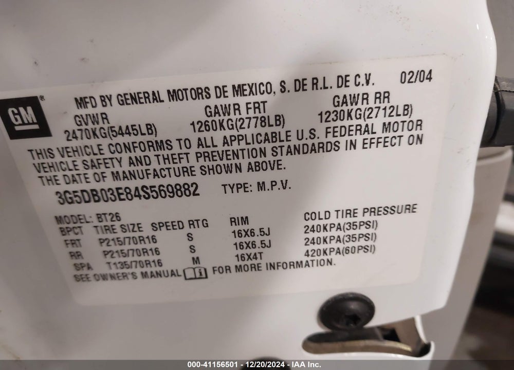 2004 BUICK RENDEZVOUS CX VIN: 3G5DB03E84S569882