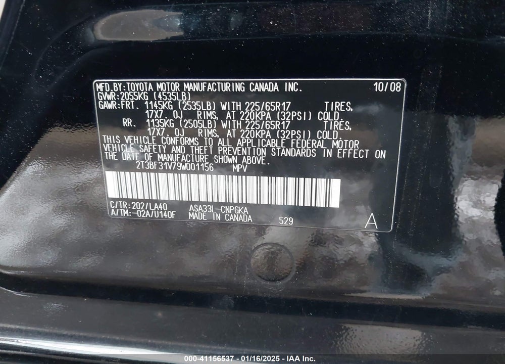 2009 TOYOTA RAV4 LIMITED VIN: 2T3BF31V79W001156