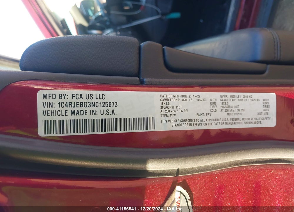 2022 JEEP GRAND CHEROKEE WK LIMITED 4X2 VIN: 1C4RJEBG3NC125673