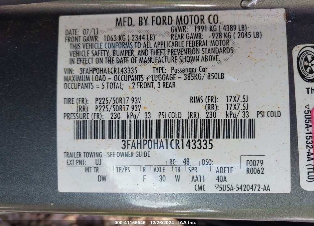 2012 FORD FUSION SE VIN: 3FAHP0HA1CR143335