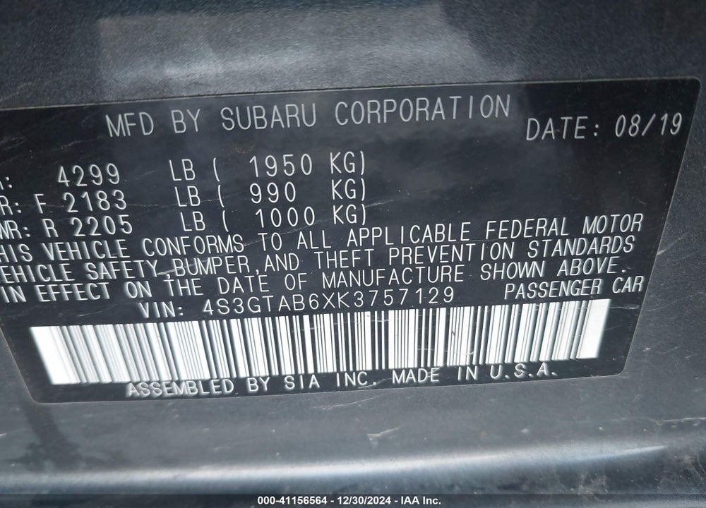 2019 SUBARU IMPREZA VIN: 4S3GTAB6XK3757129