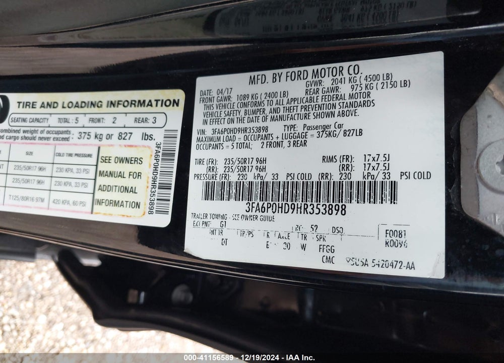 2017 FORD FUSION SE VIN: 3FA6P0HD9HR353898