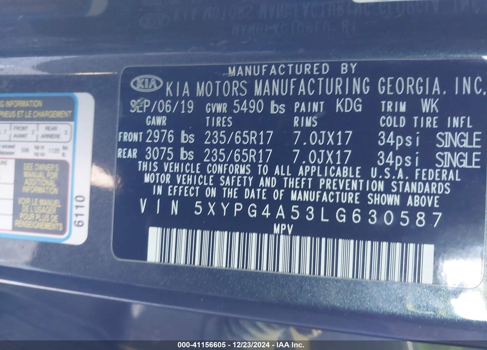 2020 KIA SORENTO VIN: 5XYPG4A53LG630587