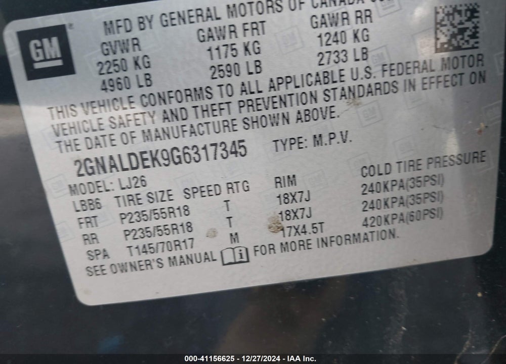 2016 CHEVROLET EQUINOX LTZ VIN: 2GNALDEK9G6317345