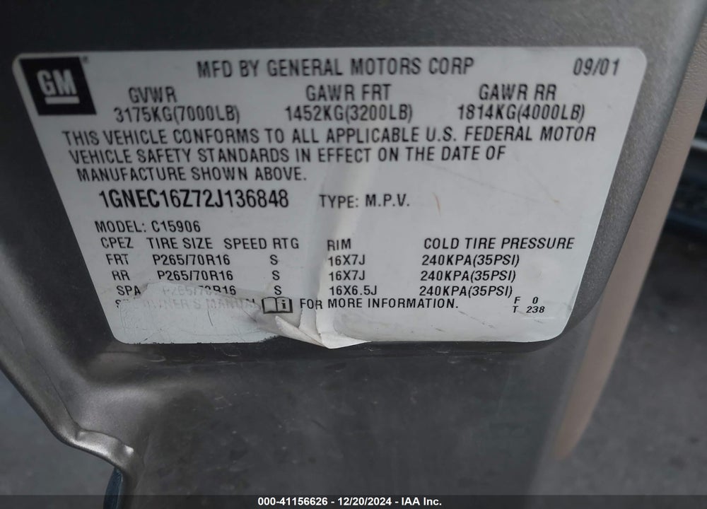 2002 CHEVROLET SUBURBAN 1500 LS VIN: 1GNEC16Z72J136848