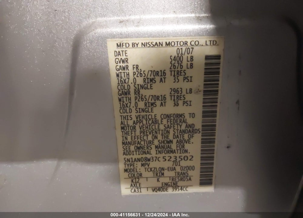 2007 NISSAN XTERRA X VIN: 5N1AN08W37C523502