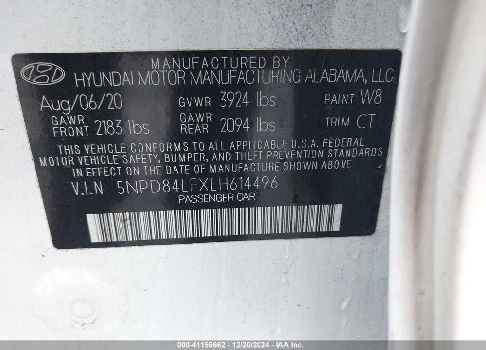 2020 HYUNDAI ELANTRA VIN: 5NPD84LFXLH614496