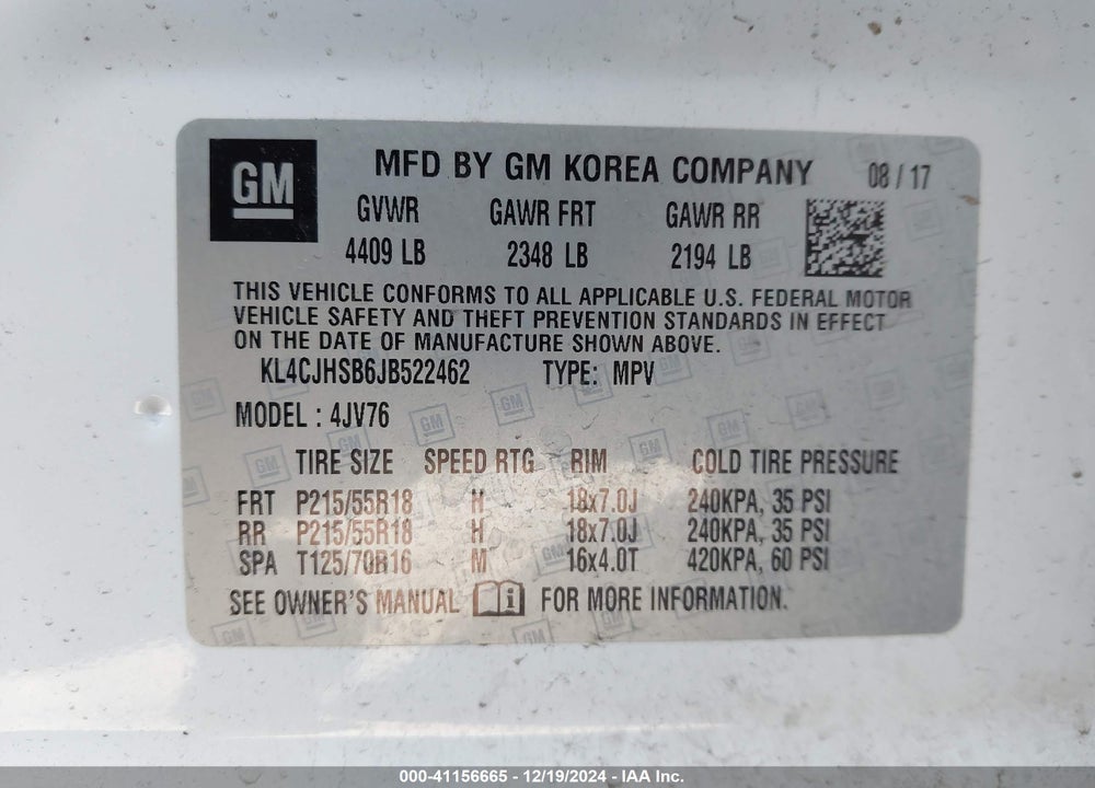 2018 BUICK ENCORE PREMIUM VIN: KL4CJHSB6JB522462