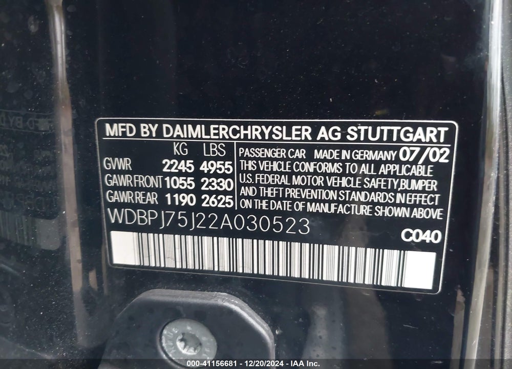 2002 MERCEDES-BENZ CL 500 VIN: WDBPJ75J22A030523