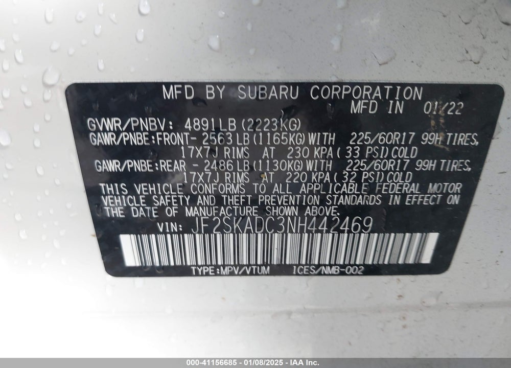 2022 SUBARU FORESTER PREMIUM VIN: JF2SKADC3NH442469