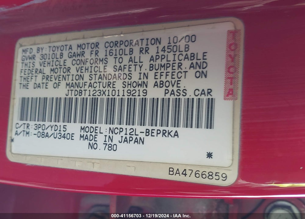 2001 TOYOTA ECHO VIN: JTDBT123X10119219