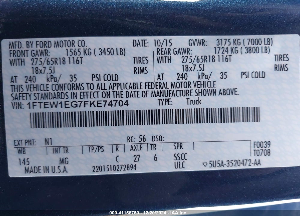 2015 FORD F-150 XLT VIN: 1FTEW1EG7FKE74704