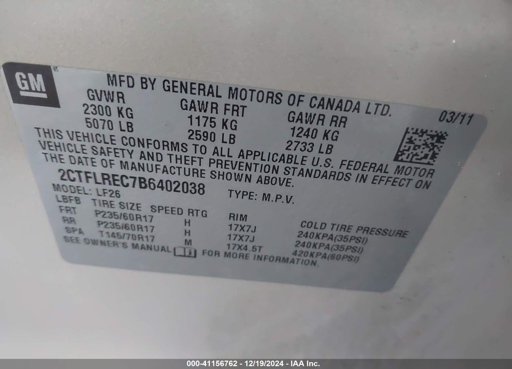 2011 GMC TERRAIN SLE-1 VIN: 2CTFLREC7B6402038